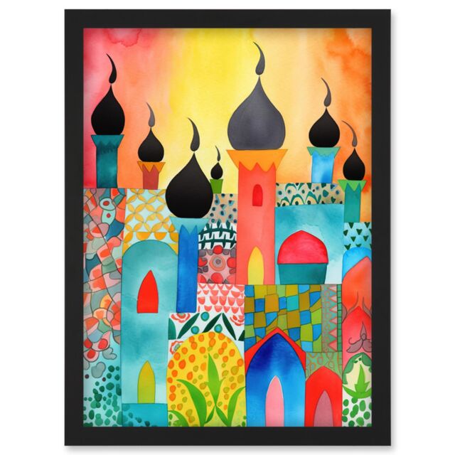 Artery8 Abstract Islamic Cityscape Folk Art Artwork Framed Wall Art Print A4 in Black - image 1