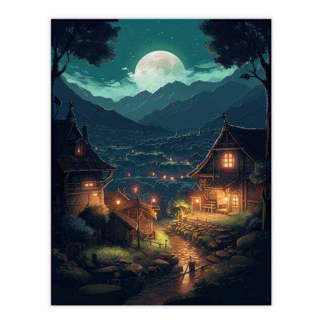Artery8 Wall Art Print Full Moon Over Traditional Chalet Houses in Peaceful Village Painting Mountainside Bright Lit Windows on Clear Moonlit Night - image 1