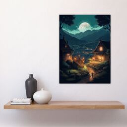 Artery8 Wall Art Print Full Moon Over Traditional Chalet Houses in Peaceful Village Painting Mountainside Bright Lit Windows on Clear Moonlit Night - thumbnail 4