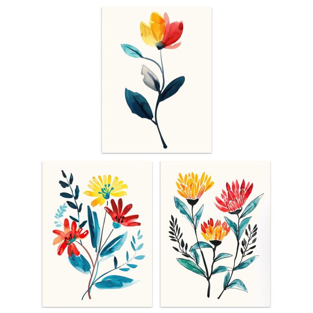 Wee Blue Coo Set of 3 Prints Wildflowers Floral Watercolour Bright Wall Art - Size: A4 - image 1