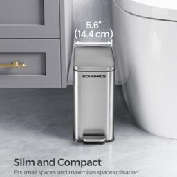 SONGMICS Small Pedal Bathroom Bin with Soft Close Lid Steel Slim Space in Silver - thumbnail 1