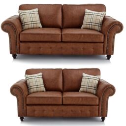 Furnishings For Less UK Oakland 3 & 2 Seater Chesterfield Leather Air Charcoal Grey in Tan - thumbnail 1