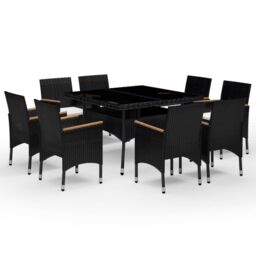 Berkfield Home 9 Piece Garden Dining Set Poly Rattan & Tempered Glass Black - thumbnail 2