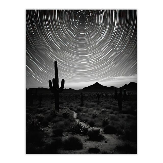 Artery8 Time Lapse Night Sky Star Trails Across The Night Sky Black White Desert Cactus Extra Large XL Unframed Wall Art Poster Print - image 1