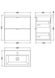 Balterley Alrewas 2 Drawer Wall Hung Vanity Basin Unit, Gloss White, 600mm in White - thumbnail 2