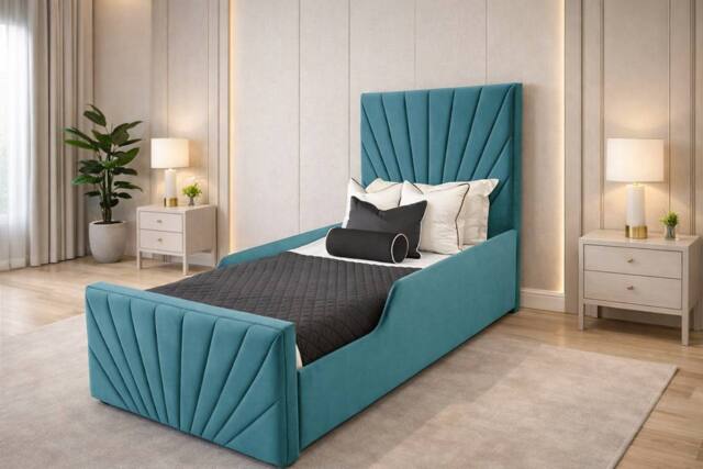 PARADISE BEDS LTD Single Upholstered Kids Bed Frame With Headboard in Teal - image 1