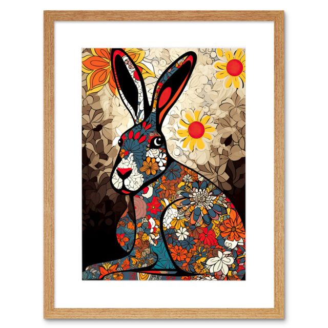 "Artery8 Wall Art Print The Floral Hare Flower Power Pattern Painting Colourful Psychedelic Flowers Artwork Framed 9X7 Inch in Beige - Size: W7"" x H9""" - image 1