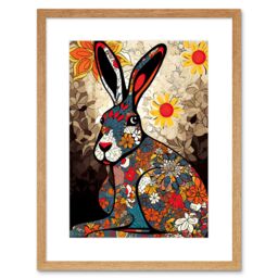 "Artery8 Wall Art Print The Floral Hare Flower Power Pattern Painting Colourful Psychedelic Flowers Artwork Framed 9X7 Inch in Beige - Size: W7"" x H9""" - thumbnail 1