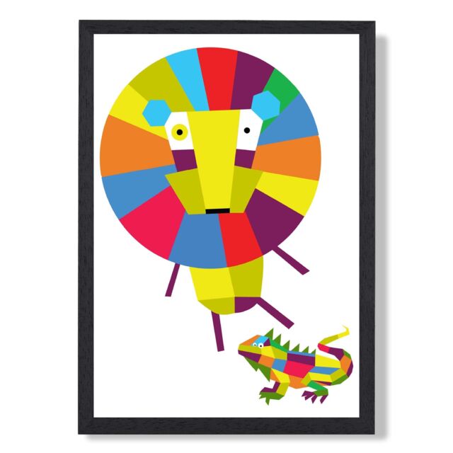 ARTZE Lion Bright Geometric Animal Framed Print SIZE: A3 with Black Frame - Size: A4 - image 1