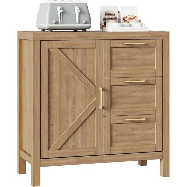 KORVIXA Walnut Finish 3 Drawers Sideboard Multi Storage Cabinet in Beige - Size: 100 cm x 100 cm - image 1