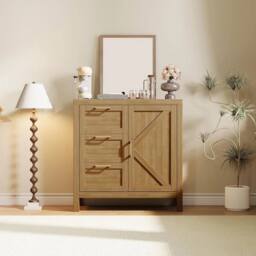 KORVIXA Walnut Finish 3 Drawers Sideboard Multi Storage Cabinet in Beige - Size: 100 cm x 100 cm - thumbnail 5