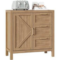 KORVIXA Walnut Finish 3 Drawers Sideboard Multi Storage Cabinet in Beige - Size: 100 cm x 100 cm - thumbnail 1