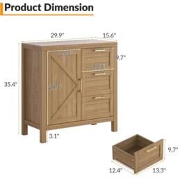 KORVIXA Walnut Finish 3 Drawers Sideboard Multi Storage Cabinet in Beige - Size: 100 cm x 100 cm - thumbnail 2