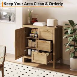 KORVIXA Walnut Finish 3 Drawers Sideboard Multi Storage Cabinet in Beige - Size: 100 cm x 100 cm - thumbnail 4