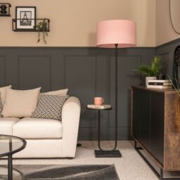 ValueLights Tavel Black Marble Base Floor Lamp With Table & Large Blush Pink Shade