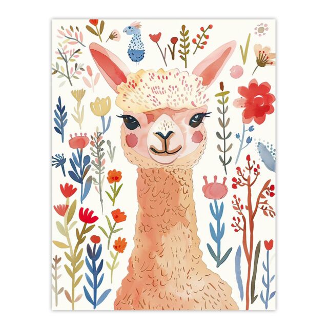 "Artery8 Cute Happy Alpaca Bright Floral Watercolour Wall Art Print - Size: W24"" x H32""" - image 1
