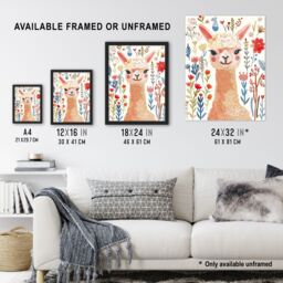 "Artery8 Cute Happy Alpaca Bright Floral Watercolour Wall Art Print - Size: W24"" x H32""" - thumbnail 3