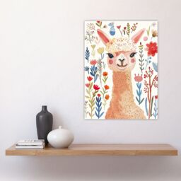 "Artery8 Cute Happy Alpaca Bright Floral Watercolour Wall Art Print - Size: W24"" x H32""" - thumbnail 4