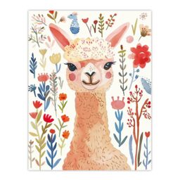 "Artery8 Cute Happy Alpaca Bright Floral Watercolour Wall Art Print - Size: W24"" x H32""" - thumbnail 1