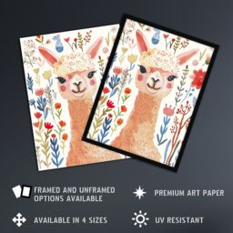 "Artery8 Cute Happy Alpaca Bright Floral Watercolour Wall Art Print - Size: W24"" x H32""" - thumbnail 2