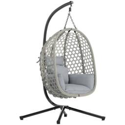 OUTSUNNY Hanging Egg Chair, Rattan Swing Chair with Stand, Light Grey - thumbnail 2