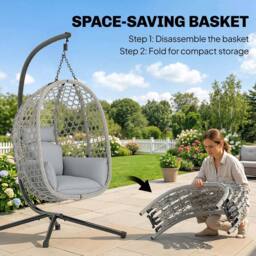 OUTSUNNY Hanging Egg Chair, Rattan Swing Chair with Stand, Light Grey - thumbnail 5