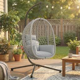 OUTSUNNY Hanging Egg Chair, Rattan Swing Chair with Stand, Light Grey - thumbnail 1