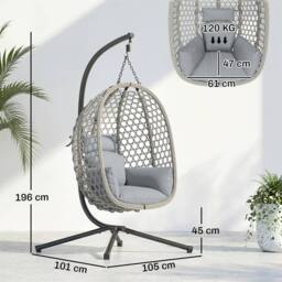 OUTSUNNY Hanging Egg Chair, Rattan Swing Chair with Stand, Light Grey - thumbnail 3
