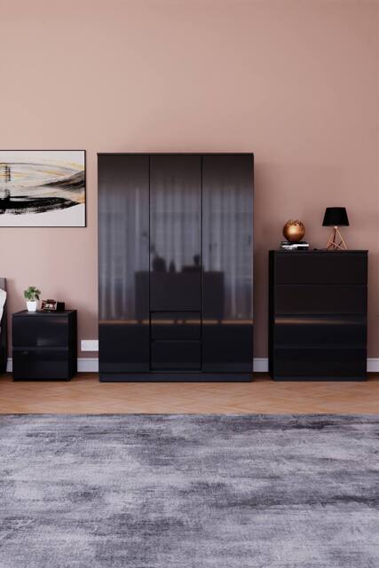 Home Discount Vida Designs Glinton 3Pc Bedroom Set(2Dr Bedside, 4Dr Chest, Wardrobe) in Black - image 1