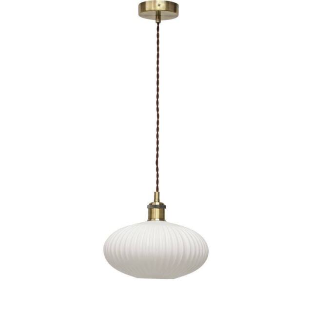 First Choice Lighting Baton - White Ribbed Oval Glass Antique Brass Retro Pendant Fitting - image 1