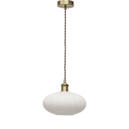 First Choice Lighting Baton - White Ribbed Oval Glass Antique Brass Retro Pendant Fitting - thumbnail 1