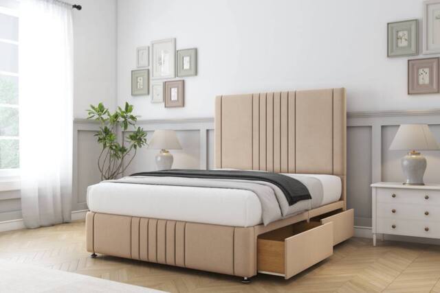 "Comfort Beds Royal Plush Divan Base 2 Drawers - 26"" Headboard-Footboard in Stone - Size: Small Double" - image 1