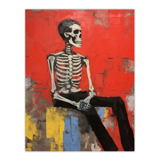 Artery8 The Thinker By Ryan Ramirez Posed Skeleton Oil Painting Portrait Bones Red Halloween Unframed Wall Art Print Poster Home Decor Premium - image 1