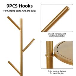 FORGEVIO Coat Rack Stand with Marble Base, Clothes Hanging Rail for Hallway in Gold - thumbnail 3
