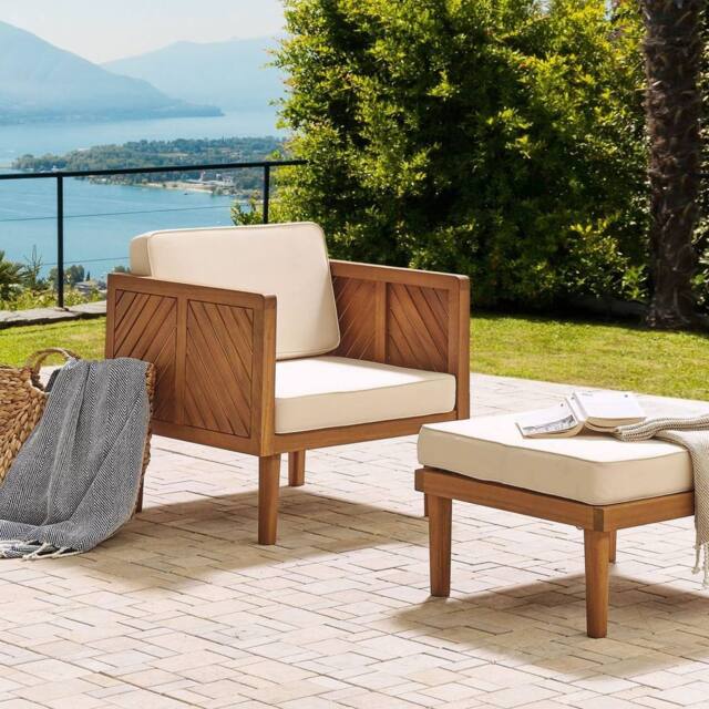 Wyld and Coco Acacia Ottoman Light Beige Cushion Indoor-Outdoor in Brown - image 1