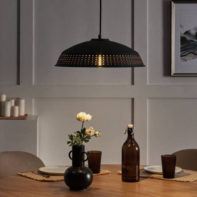 Wyld and Coco Pendant Light Black Iron Dome with PU Leather Braid - image 1
