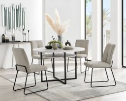 FurnitureboxUK Adley Grey Concrete Effect Round Dining Table & 4 Halleyy Fabric Chairs in Taupe