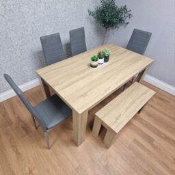 KOSY KOALA Oak Effect Dining Table Set With 4 Grey Faux Leather Chairs & Bench Dining Room Furniture in Beige - thumbnail 3