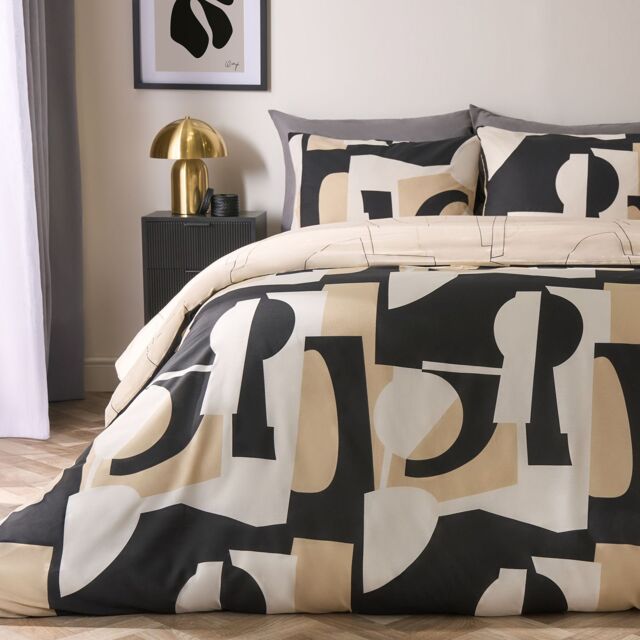 OHS Geometric Duvet Cover Pillowcase Bedding Set Shapes Quilt in Black - Size: Double - image 1
