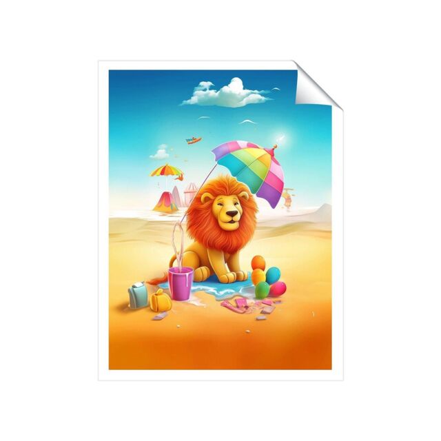 "Warren Reed - Designer Lion On A Beach Holiday Unframed Art Print - Size: W12"" x H16""" - image 1