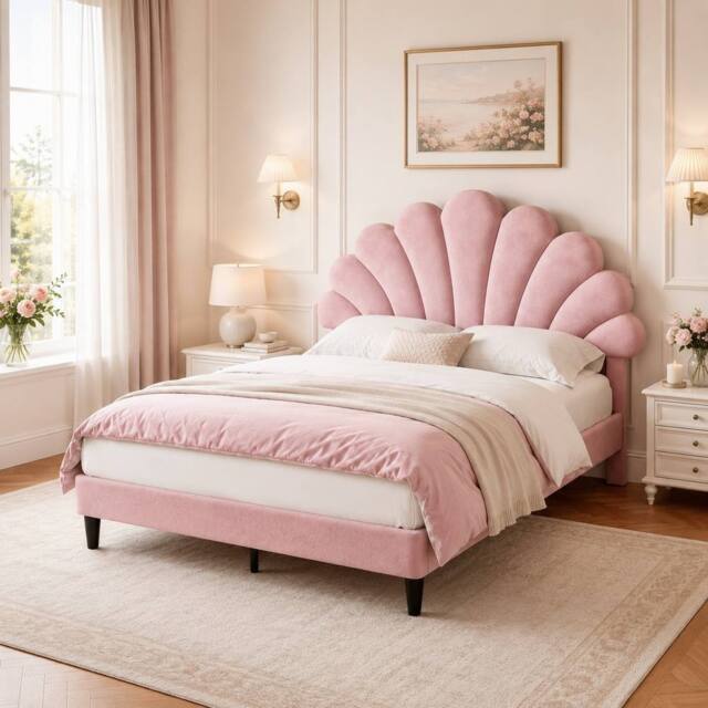 STILVORA Double Upholstered Velvet Bed Frame with Adjustable Headboard in Pink - image 1