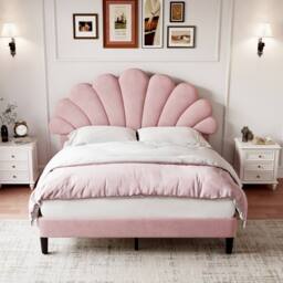 STILVORA Double Upholstered Velvet Bed Frame with Adjustable Headboard in Pink - thumbnail 2