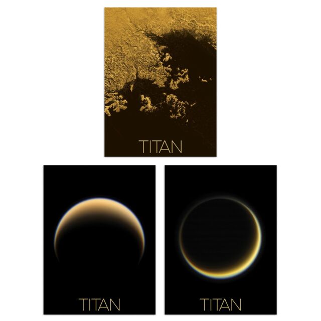 Artery8 Wall Art Print Pack of 3 NASA Our Solar System Saturn's Moon Titan Ligeia Mare Lake Crescent Moon Images Large Poster Set - image 1