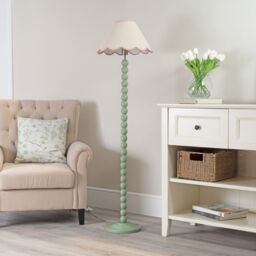 ValueLights Bobbins Sage Green Floor Lamp with Tapered Natural Linen Scallop Shade in Pale Pink - thumbnail 5