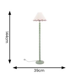 ValueLights Bobbins Sage Green Floor Lamp with Tapered Natural Linen Scallop Shade in Pale Pink - thumbnail 6