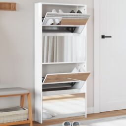 Berkfield Home Shoe Cabinet with Mirror 4-Layer High Gloss White 63x17x134 cm - Size: 63 x 17 x 134 cm