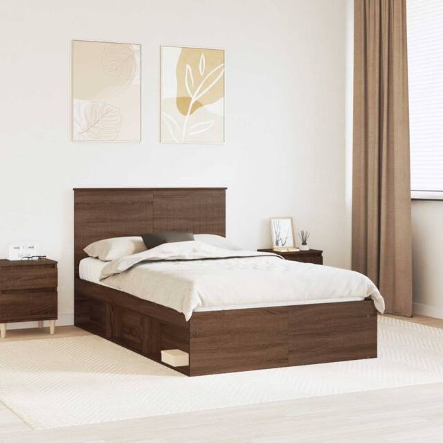 Berkfield Home Bed Frame with Headboard Brown Oak 120 x 190 cm Solid Pine Wood - image 1