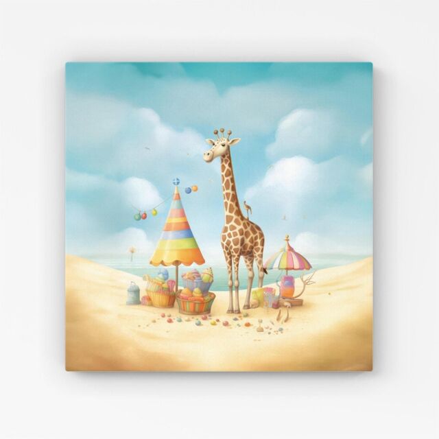 Warren Reed - Designer Giraffe On A Beach Holiday Canvas in Yellow - Size: w10 inch x h10 inch - image 1