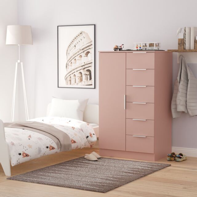 Ready Assembled 2 U Dover 1 Door 5 Drawer Childrens Wardrobe (Ready Assembled) in Dusty Pink - image 1