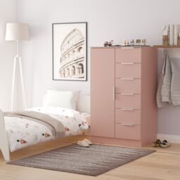 Ready Assembled 2 U Dover 1 Door 5 Drawer Childrens Wardrobe (Ready Assembled) in Dusty Pink - thumbnail 1
